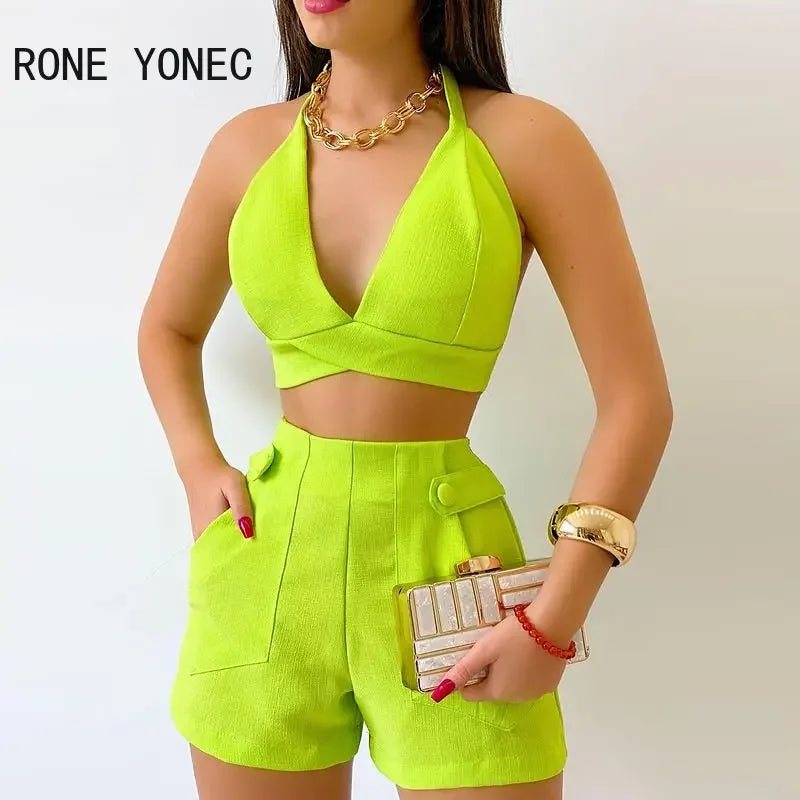 Women Casual Halter Lace Up Deep V Neck Crop Top & Shorts Solid Pocket Button Decor Summer Sexy Short Sets