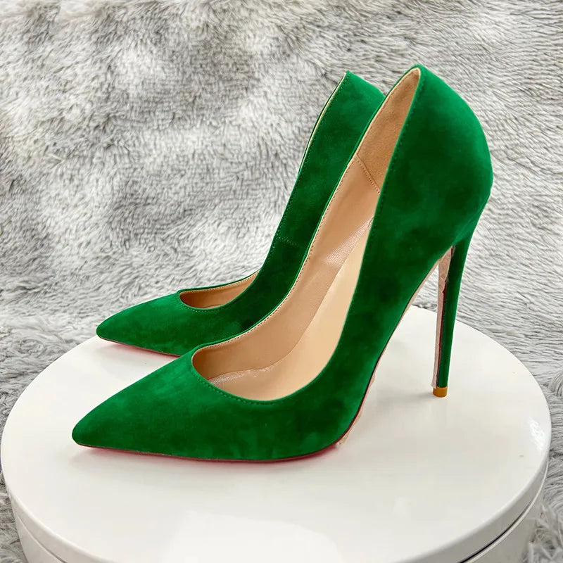 NoEnName_Null-Green high heel Suede  High Heel Shoes Sky High Pointed Toe Dress Pumps Slip-on Shallow Heels 12cm