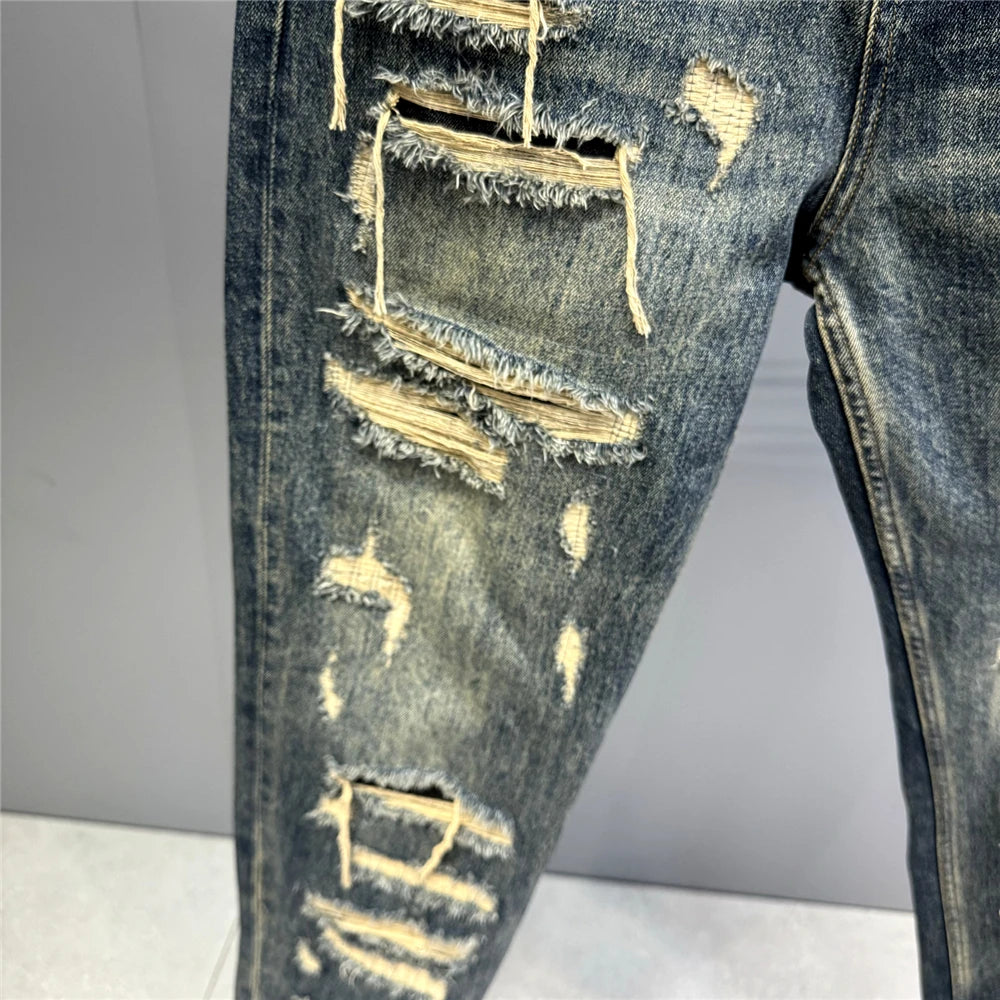 Mens Ripped Baggy Jeans Distressed Denim Streetwear Skateboard Pants Straight Leg Patchwork Oversized Urban Fashion Workwear