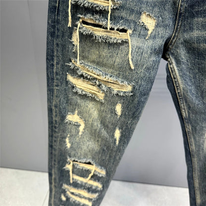 Mens Ripped Baggy Jeans Distressed Denim Streetwear Skateboard Pants Straight Leg Patchwork Oversized Urban Fashion Workwear