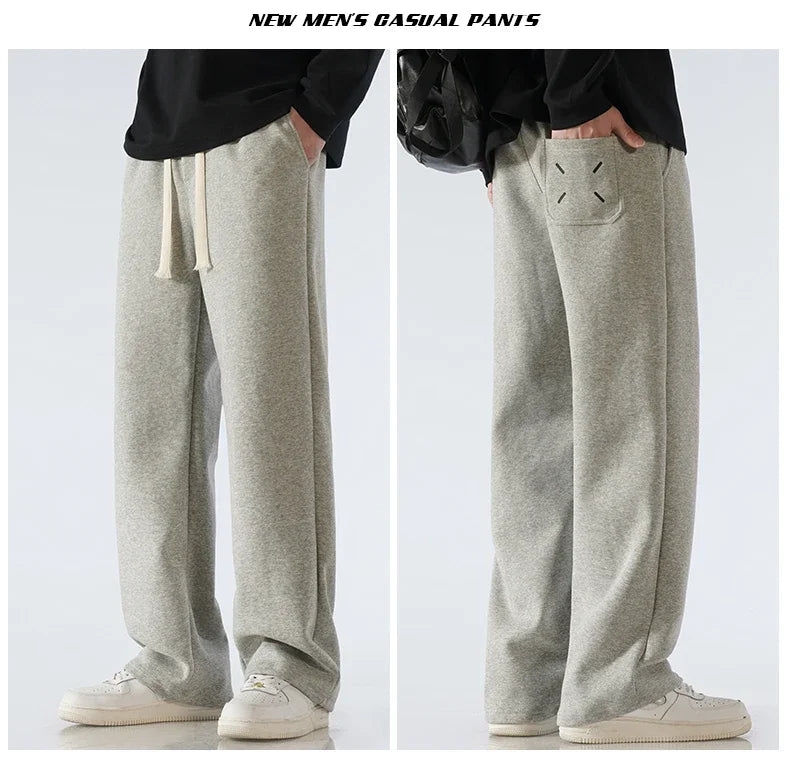 Men's Pants Wide Leg Cotton Fabric Straight Loose Outdoor Solid Color Knitted Sweatpants High-quality Soft Long Baggy Trousers