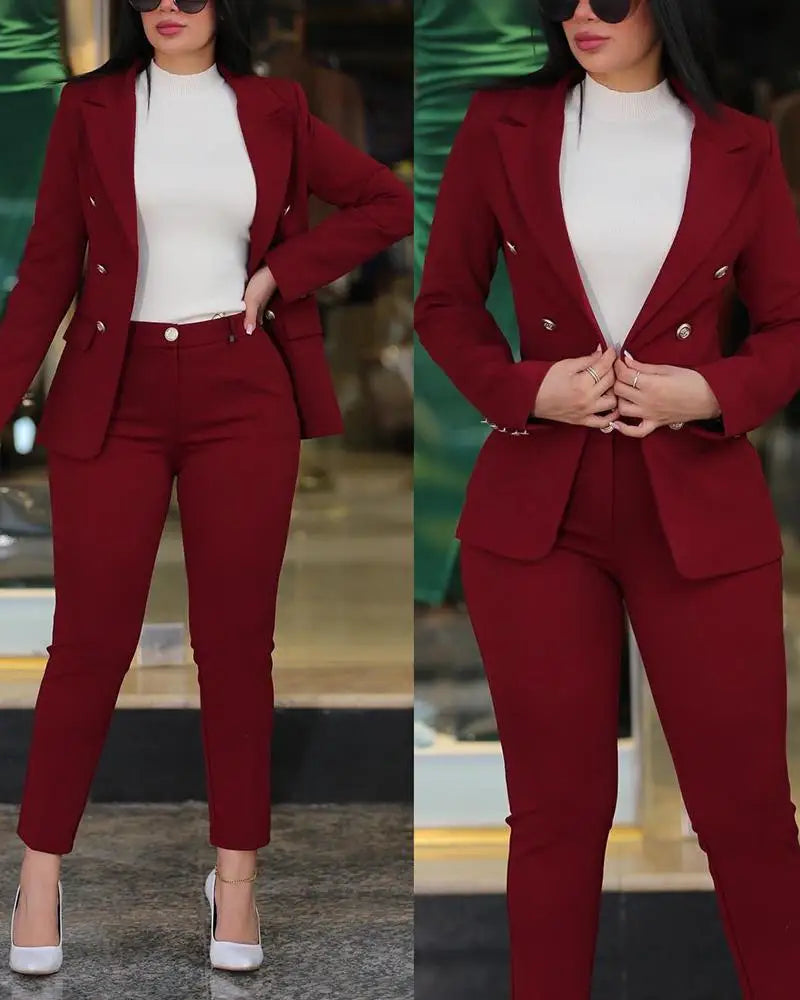 Elegant Office Lady Two Piece Sets New Autumn Winter Women Fashion Notched Neck Long Sleeve Blazer & High Waist Work Pants Suit