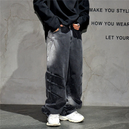 High Quality Black Vintage Casual Gradient Cargo Jeans Streetwear Straight Leg Jeans Hip Hop Denim Pants Kpop Trousers Male