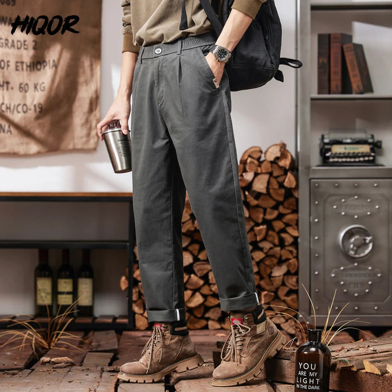 HIQOR Men Elastic Waist Cargo Pants New In Man Cotton Casual Pants Male Workwear Hombre Straight Trousers Male Big Size 28-38