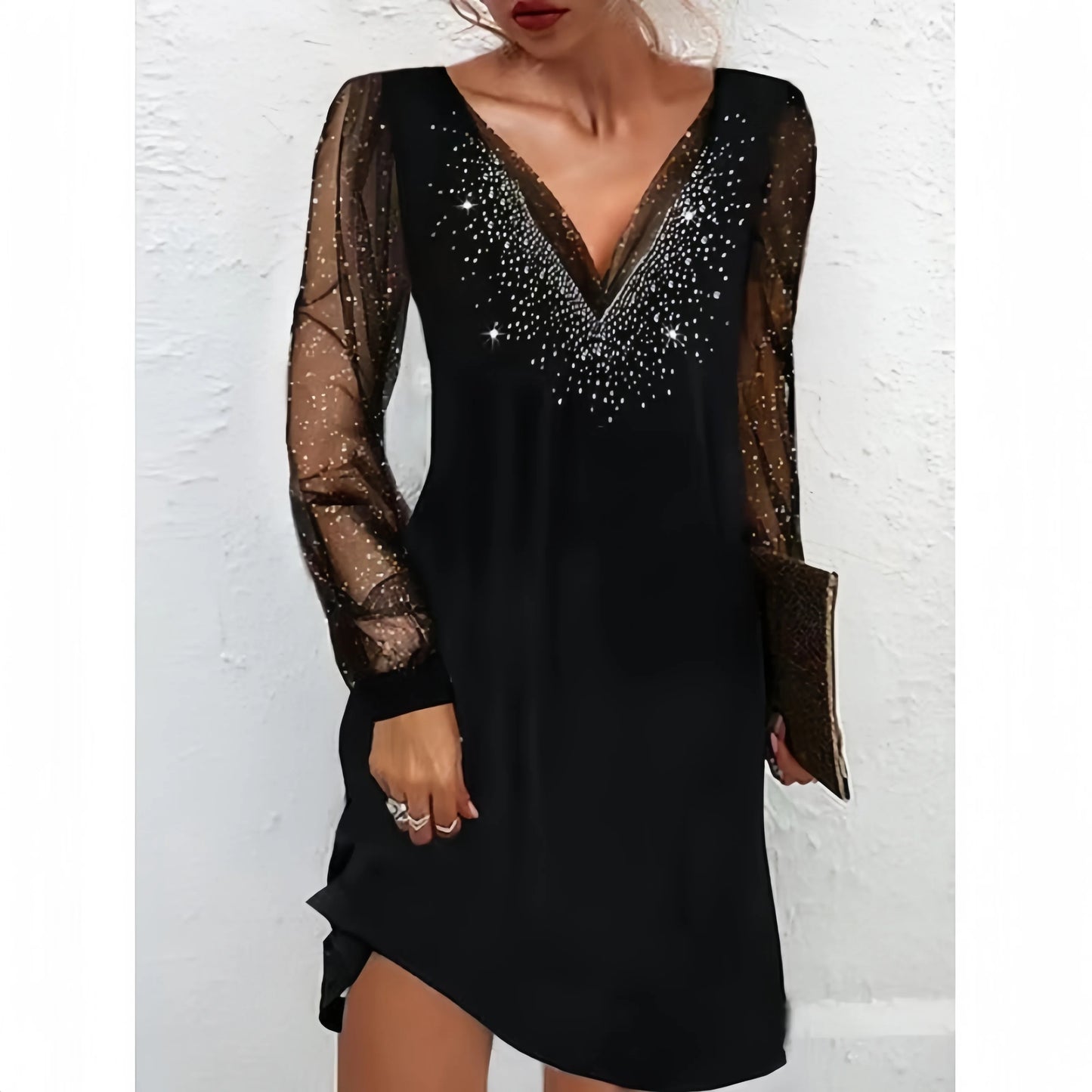 New Arrival Elegant Style V-neck Rhinestone Lace-Sleeve Long Sleeve Womens Dresses Evening Party Sexy Dresses Fashion Prom Dress