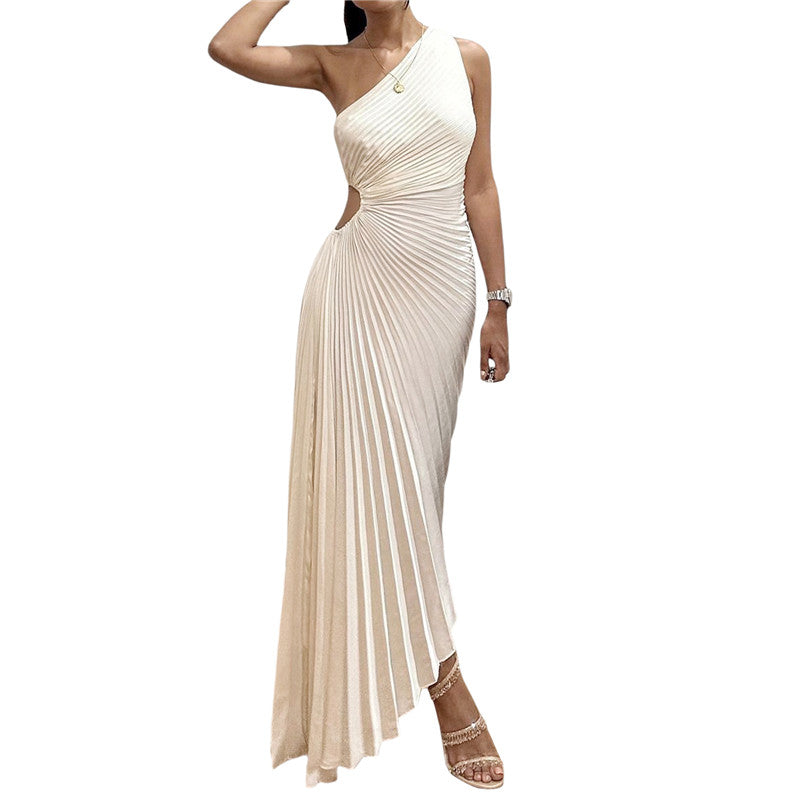 Women Elegant Long Dress Summer Sleeveless One-shoulder Pleated Hollowed Irregular Dress for Cocktail Party Beach Sundress Y2K