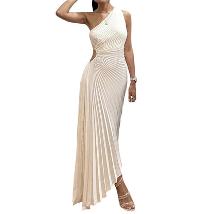 Women Elegant Long Dress Summer Sleeveless One-shoulder Pleated Hollowed Irregular Dress for Cocktail Party Beach Sundress Y2K