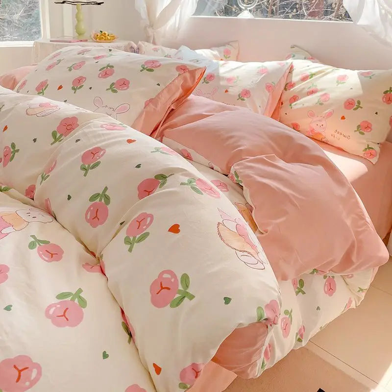 Fresh Botanical Floral Bedding Set Washed Cotton Bed Linens Single Twin Full Size Quilt Cover Sheet Set for Girls Home Textiles