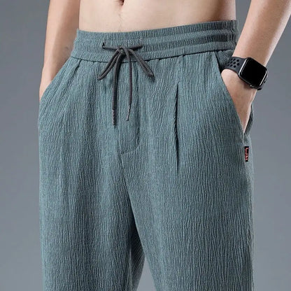 Spring Summer Men Cotton Hemp Ice Silk Pants Streetwear Fashion Male Basic Elastic Waist Loose Sports Straight Casual Trousers