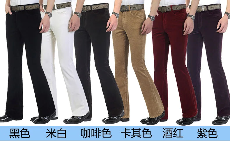 2024 Men's Autumn Spring Corduroy Boot Cut Pants Male Mid Waist Business Casual Flares Trousers 27-38