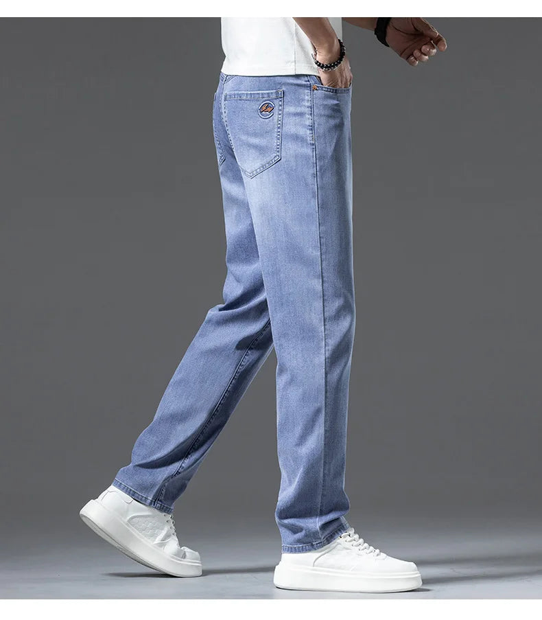 2024 spring and summer new styles Men's baggy jeans light blue Stylish thin lyocell stretch jeans