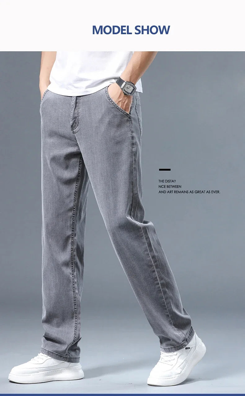 Summer Men's Lyocell Baggy Jeans Thin Soft Drape Business Casual Trousers Classic Smoke Gray Brand Straight Ice Silk Pants