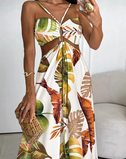 New Fashion 2024 Summer Casual Tropical Print Backless Maxi Dress Sexy Elegant Dresses Women Vacation Female Clothing Outfits