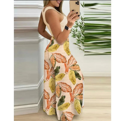 Two Piece Sets Womens Outifits 2024 Summer Print Temperament Sleeveless Slim Top & Casual High Waist Fashion Wide Leg Pants Set