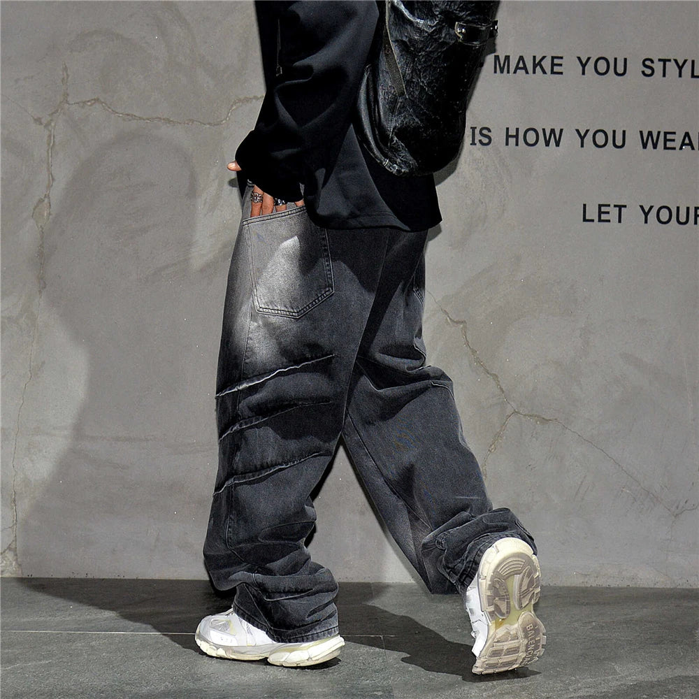 High Quality Black Vintage Casual Gradient Cargo Jeans Streetwear Straight Leg Jeans Hip Hop Denim Pants Kpop Trousers Male