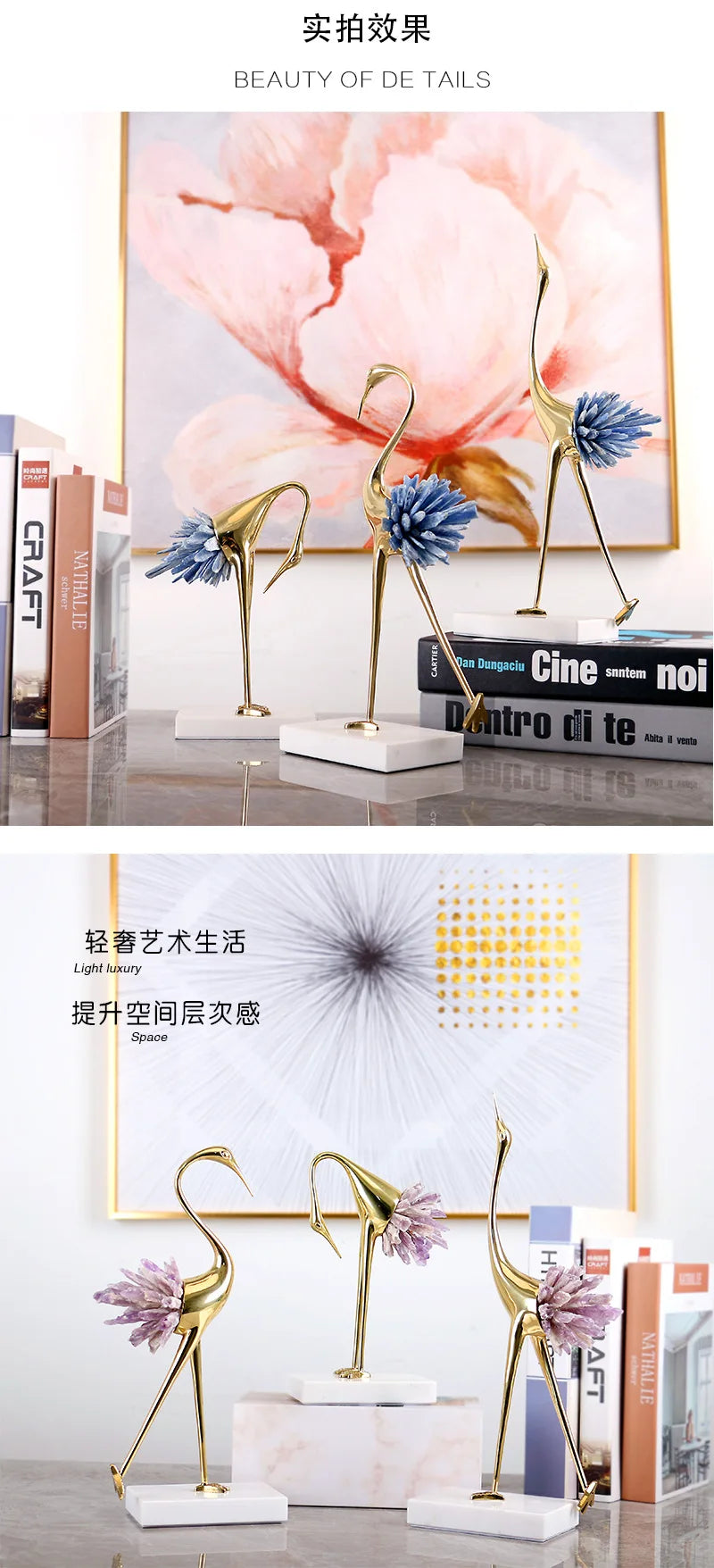 1pc Light luxury modern pure copper crystal crane ornaments metal new Chinese living room TV cabinet porch home soft decorations