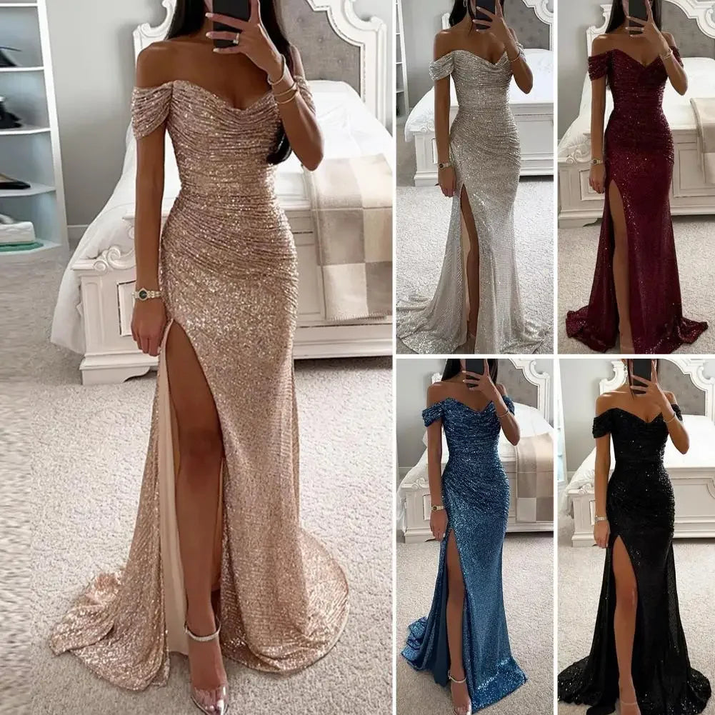 Summer Dress SkinnySequin Pleated Split Maxi Bodycon Dress Slim Fit Off Shoulder Evening Party Prom Dress Birthday Clubwear