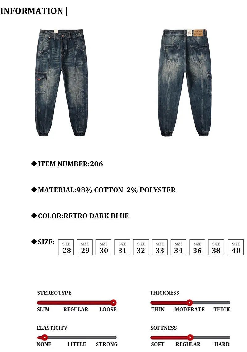 Street Fashion Men Jeans Retro Blue Printed Designer Big Pocket Casual Cargo Pants Hombre Hip Hop Joggers Men Loose Ripped Jeans