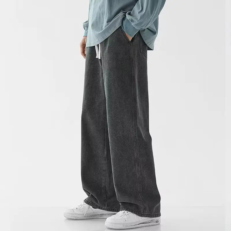 2023 New Korean Men's Casual Long Jeans Classic Man Straight Denim Wide-leg Pants Solid Color Light Blue Grey Black 3XL