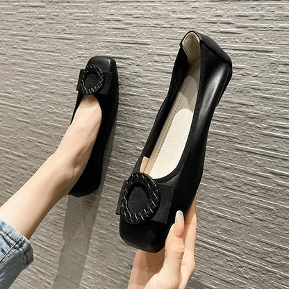 Plus size 43 44 Women Ballet Flats Leather Shoes Sweet bowknot Ladies softy sole round Toe Pumps Office Lady Big Size Loafers