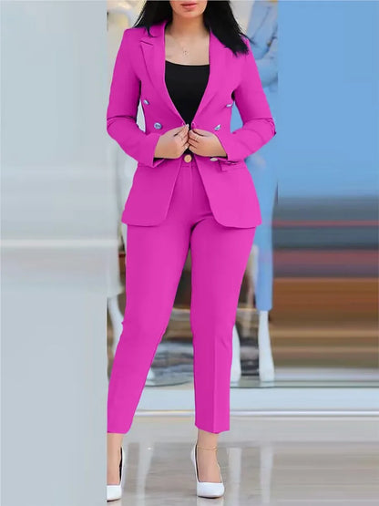 Elegant Office Lady Two Piece Sets New Autumn Winter Women Fashion Notched Neck Long Sleeve Blazer & High Waist Work Pants Suit