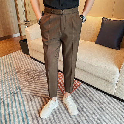 2024 Summer Fashion Belt Design Suit Pant High-waist Solid Color Business Slim Fit Formal Wedding Social Dress Ankle Pants 38-28