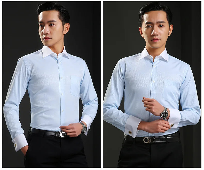 Men's Classic French Cuffs Social Dress Shirt Formal Business Standard-fit Long Sleeve Wedding Party Office Work White Shirts