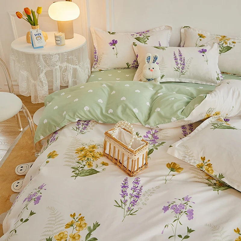 4 Pieces Bedding Set Country Romantic Lavender Flower Duvet Cover Set Purple Yellow Floral Quilt Cover Microfiber Bedspread Set