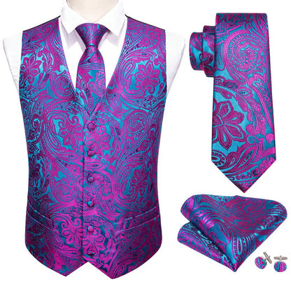 Designer Vest for Men Silk Embroidered Red Burgundy Paisley Waistcoat Tie Pocket Square Set Slim Fit Wedding Suit Barry Wang