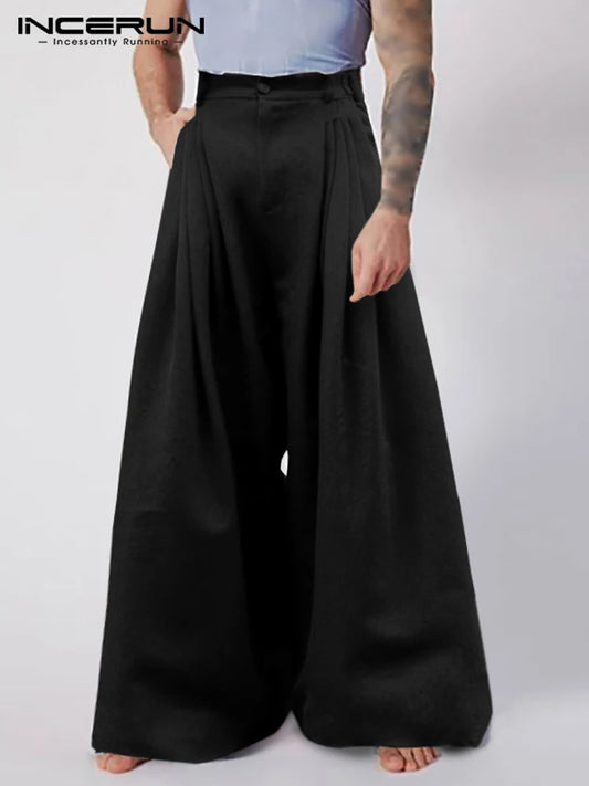 INCERUN 2024 New Men Fashion Casual Pantalons Solid All-match Simple Male Baggy High Waist Trousers Drop Crotch Long Pants S-5XL