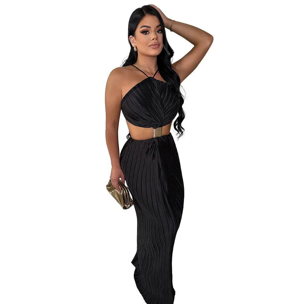 CM.YAYA Women Elegant Halter Sleeveless Long Maxi Dress Pleated Backless Beach Holiday Sexy Party Vestido Dresses 2024 Summer