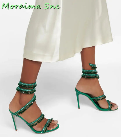 Sexy Luxury Crystal Bling Winding Sandals Stiletto High Heel Open Toe Green Solid Women Wedding Shoes Summer Dress Runway New