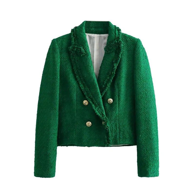 Streetwear Women's Tweed Suit Jacket Short Blazers Autumn Winter Double-breasted Slim Coat Casual Tops Female Woolen Blazers