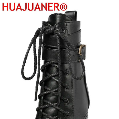 Fashion Platform Women Boots Square High Heel Ankle Boots Lace Up Zipper Motorcycle boots Autumn Winter Plush Ladies Shoes