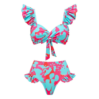 Flaxmaker Printed Ruffle Two piece Bikini Set Swimsuit Vacation Swimwear Women Beachwear BathingSuit Monokini Swimsuit