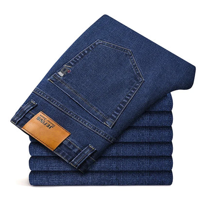 Spring Autumn Classic Men's Business Casual Jeans Straight Stretch Fashion Denim Trousers Blue and Gray Male Large Size 44 46