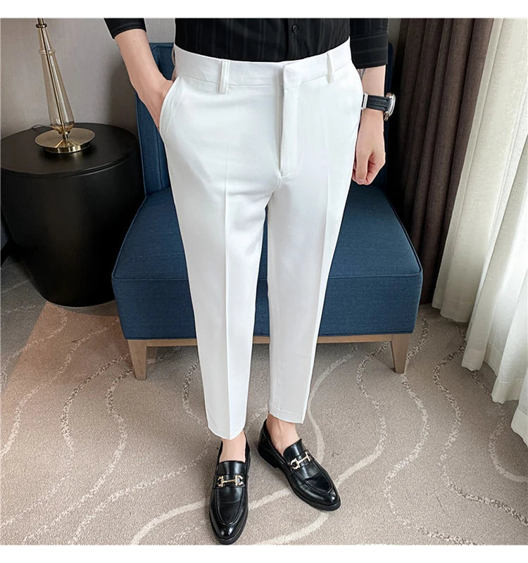 9 Color Summer Fashion Mens Suit Pants Pure Color Business Formal Pants Slim Fit Office Mens Wedding Social Ankle Long Trousers