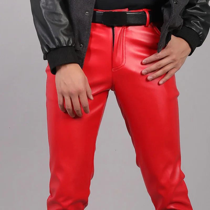 PU Leather Pants Men's Fashion Rock Style Night Club Dance Pants Men's Faux Leather Slim Fit Skinny Motorcycle Trousers