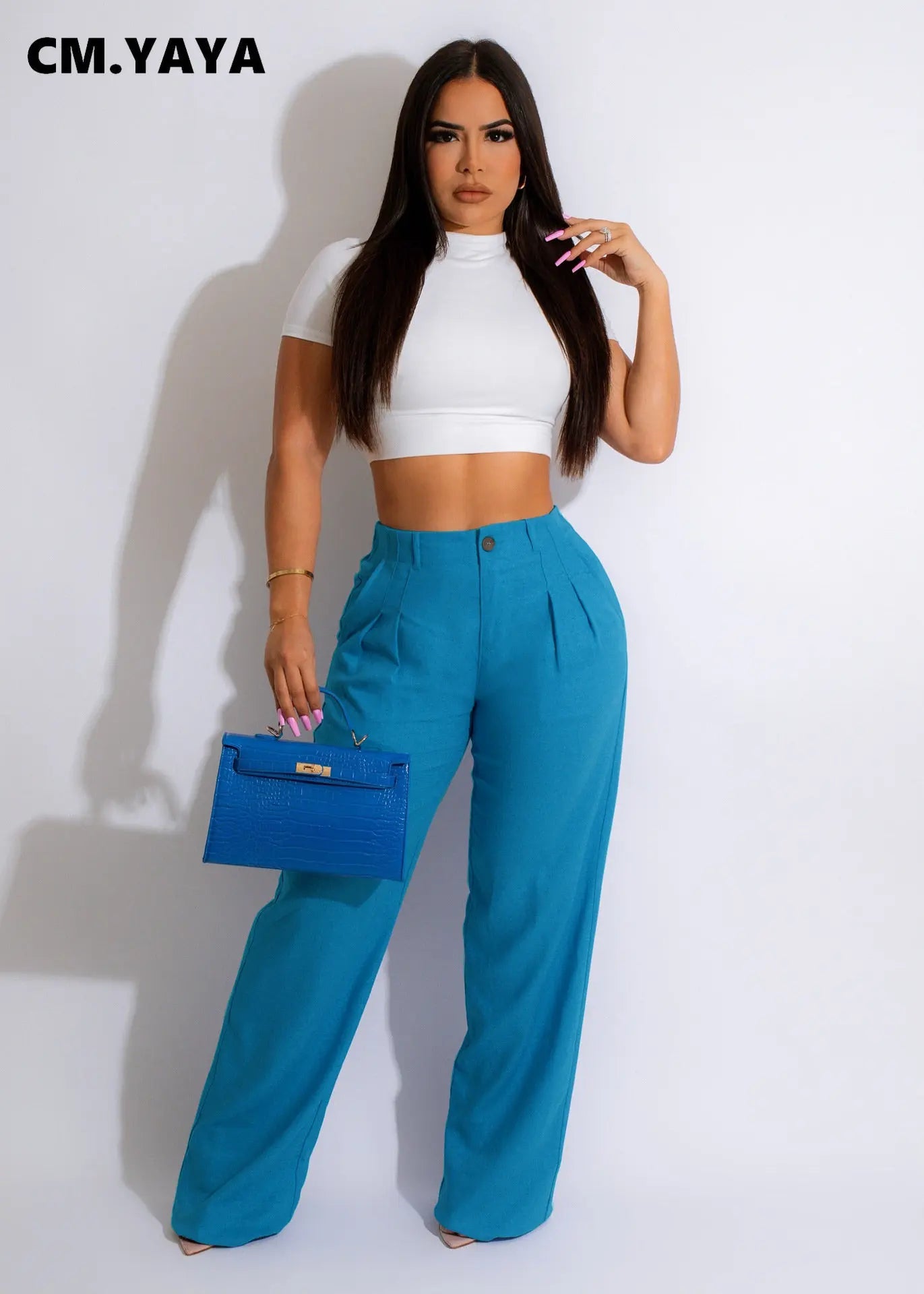 CM.YAYA Fashion Women Straight Wide Leg Zipper Fly Draped High Waist Tailored Trousers 2023 Summer OL Work Street Pants