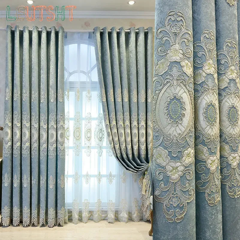 New European Style Simple light blue Thread Embroidered Curtains for Living Room Bedroom Study Blackout Curtain Customization