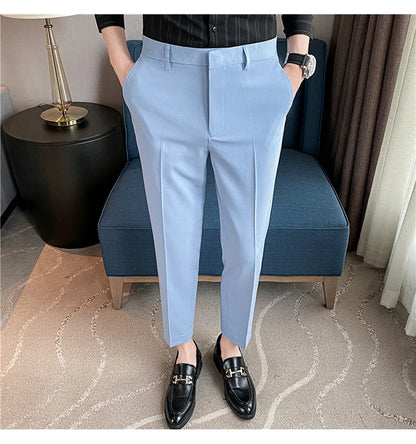 9 Color Summer Fashion Mens Suit Pants Pure Color Business Formal Pants Slim Fit Office Mens Wedding Social Ankle Long Trousers