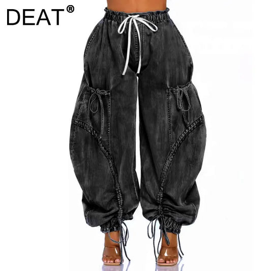 DEAT Women's High Elastic Waist Jeans Drawstring Bandage Design 2024 Autumn Fashion Loose Straight Wide Leg Denim Pants 11A0731