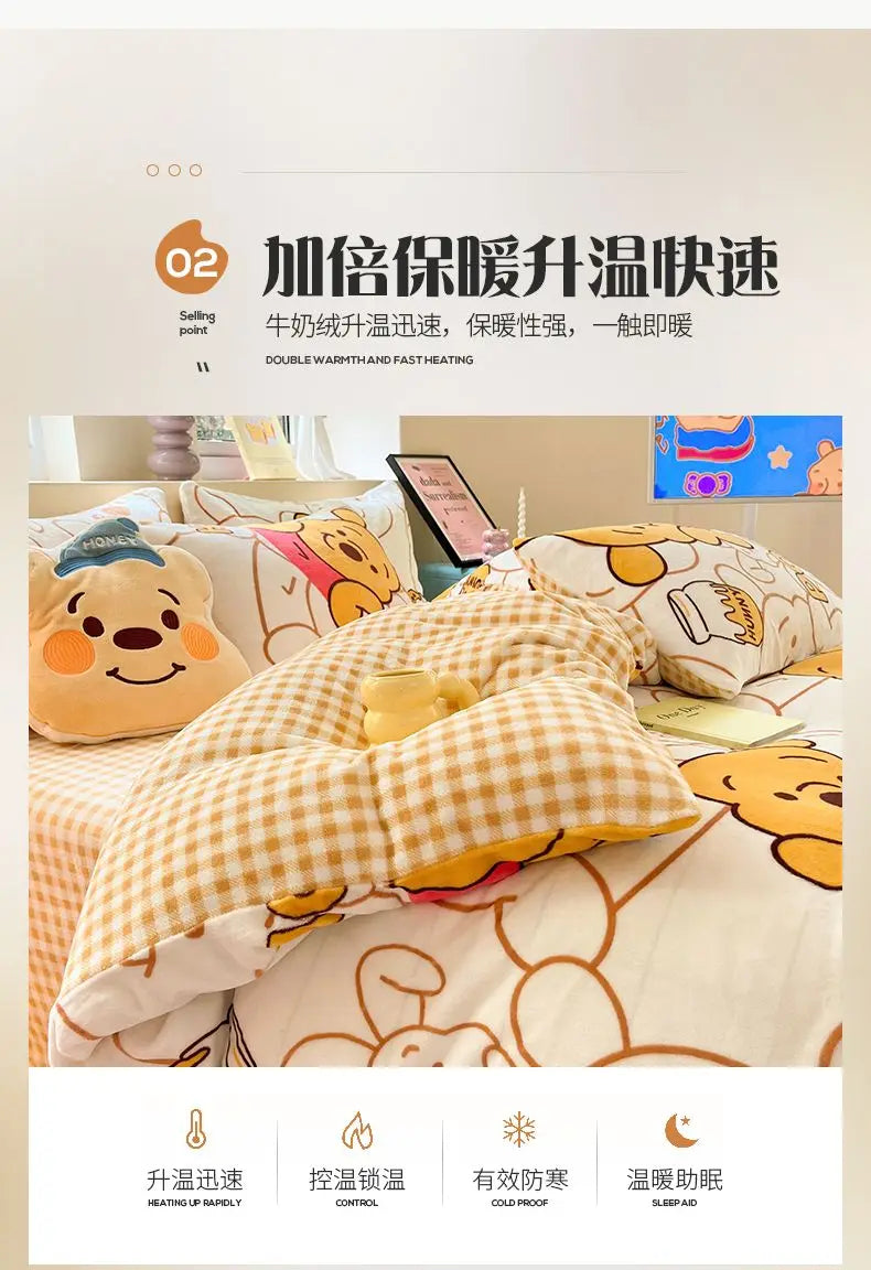 Buzz Lightyear Pooh Bear Stitch Lotso Mickey New Creative Cartoon Print Warm Milk Velvet Sheets and Quilt Covers Four-piece Set