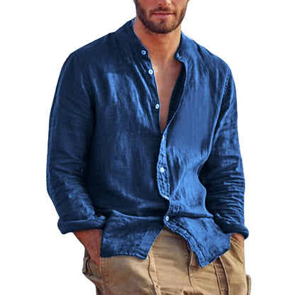 Men's Solid Color Long Sleeve Shirt Linen Cotton Shirts Trend Plus-size Stand Collar Casual Lightweight Beach Tops