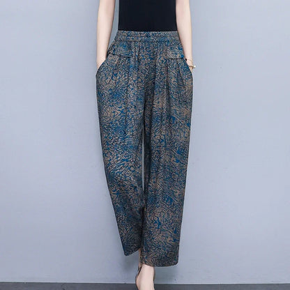 Women Pants High Waist Loose Print Summer Pants for Women Elastic Waist Vintage Clothing