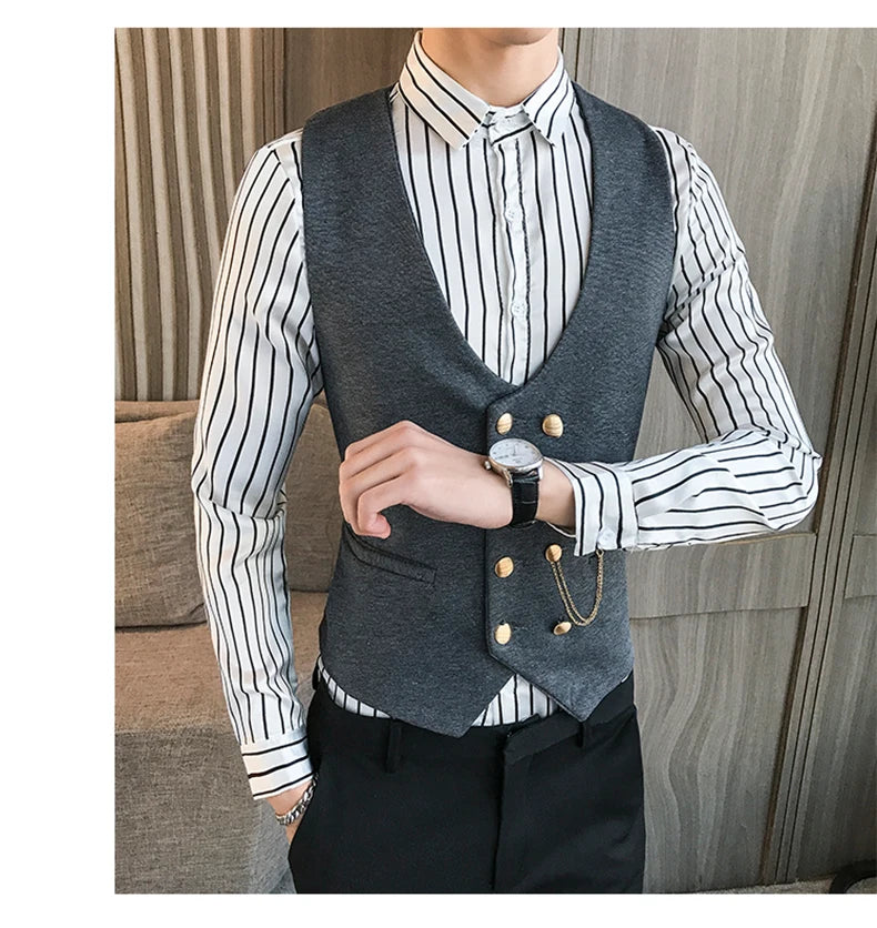 2025 Latest Style Double Breasted Men Suit Vest Gold Button Slim Fit Formal Groom Wedding Vest Streetwear Sleeveless Vest Jacket