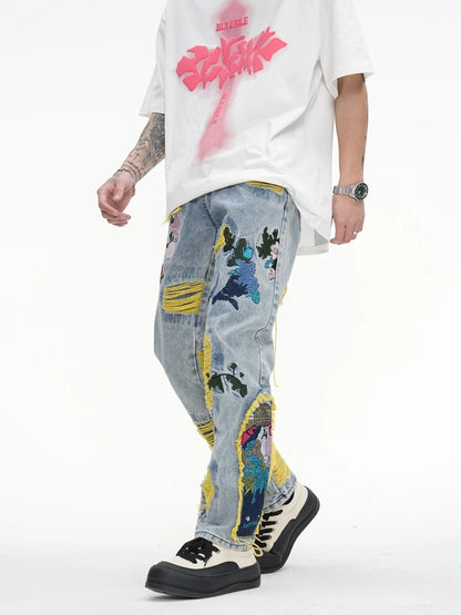 Chinese Painting Embroidered Patch Denim Ripped Jeans for Men Streetwear Washed Destroyed Pleated Straight Jean Male Tassels