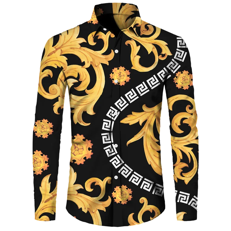 Golden Flower Pattern Print Men's Shirts Casual Single-Breasted Cardigan Long Sleeve Shirt Fashion Trend Tops Men Clothing