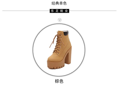 14CM Fashion Motorcycle Boots Women Leather Spring Autumn Metal Buckle High Heels Shoes Zipper brown Ankle Boots Woman Lacing