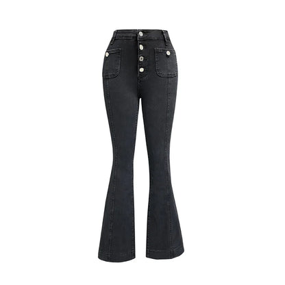 Women High Waist Single-breasted Splice Jeans Fashion High-Street Style Denim Pants Female Commuter Casual Micro Flared Trousers